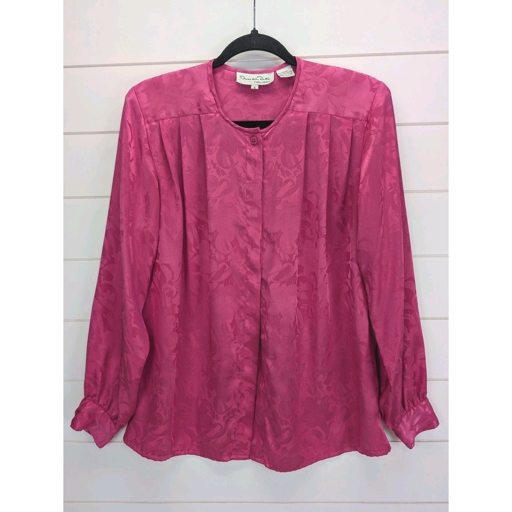 Vintage Oscar de la Renta Blouse Womens 8 Barbie Pink Satin 80s Secretary Siren